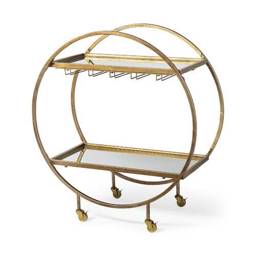 Circular Chasis Antique Gold Metal With Two Mirror Glass Shelves Bar Cart