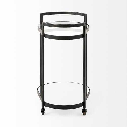 Circular Chasis Antique Gold Metal With Two Mirror Glass Shelves Bar Cart