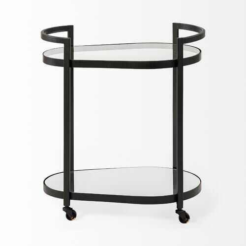 Circular Chasis Antique Gold Metal With Two Mirror Glass Shelves Bar Cart