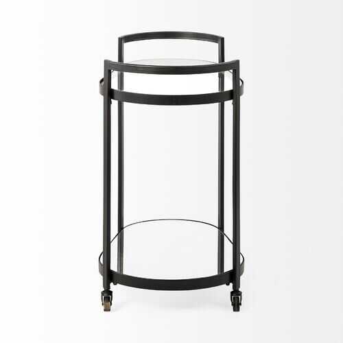 Circular Chasis Antique Gold Metal With Two Mirror Glass Shelves Bar Cart