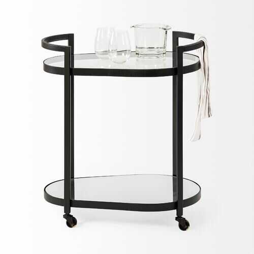 Circular Chasis Antique Gold Metal With Two Mirror Glass Shelves Bar Cart