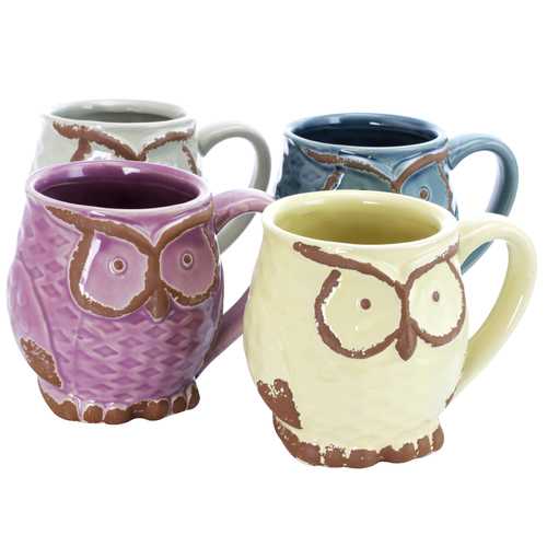 Gibson Nocturnal Gaze 4 Piece 18 Ounce Stoneware Owl Mug Set in Assorted Colors