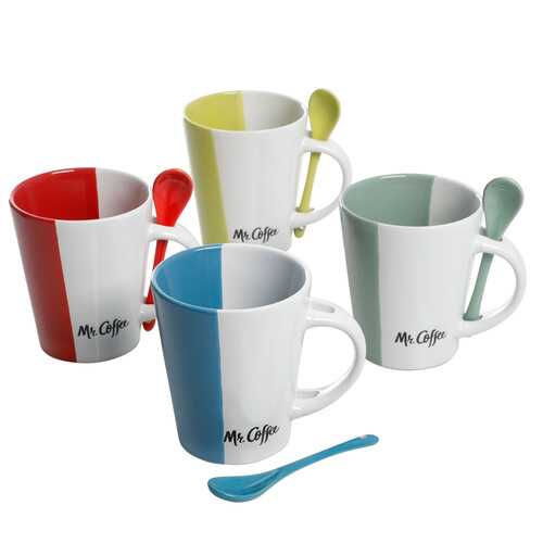 Mr. Coffee Caf Roma 8 Piece 14 oz. Mugs with Matching Spoons Set in 4 Assorted Colors
