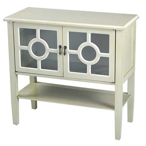 32" X 14" X 30" Beige MDF, Wood, Clear Glass Console Cabinet with  Doors and Shelf and Lattice Inserts