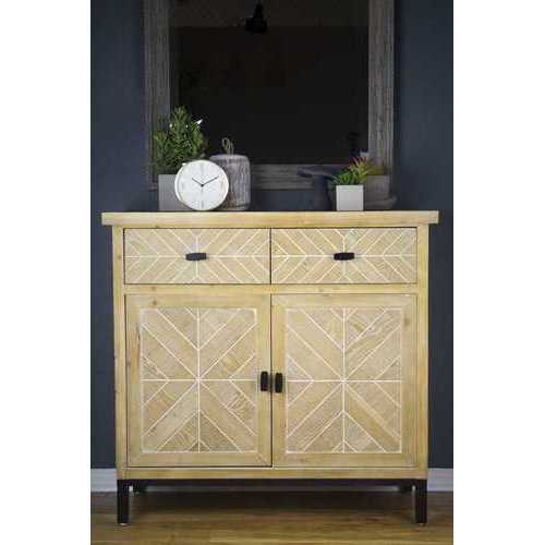 35'.8" X 15" X 33'.8" White Washed Parquet Iron, Wood, MDF Sideboard with  Wood Drawers and  Wood Doors