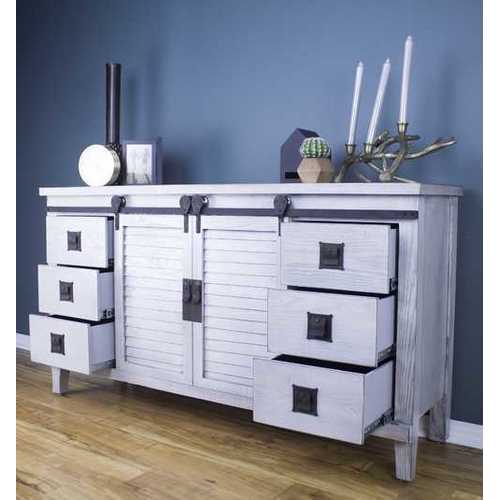 58" X 18" X 34" Distressed Light Grey Iron, Wood, MDF Accent Cabinet with  Doors and  Drawers