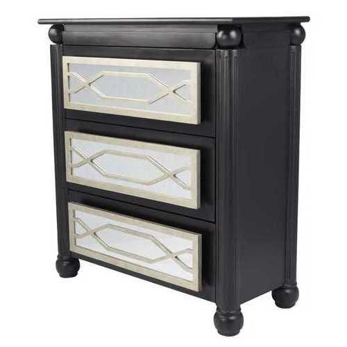 35" X 17" X 37" Black W/ Silver MDF, Wood, Mirrored Glass Accent Cabinet with  drawers and Mirrored Glass