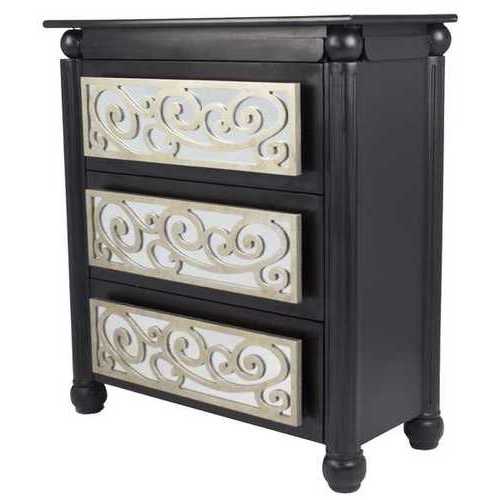 35" X 17" X 37" Black W/ Silver MDF, Wood, Mirrored Glass Accent Cabinet with  drawers and Mirrored Glass