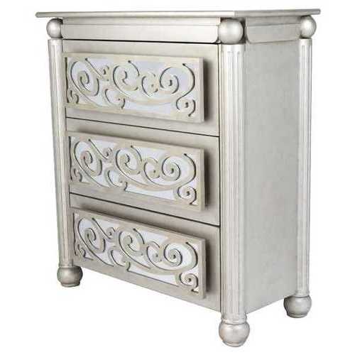35" X 17" X 37" Antique Silver W/ Gold MDF, Wood, Mirrored Glass Accent Cabinet with  drawers and Mirrored Glass