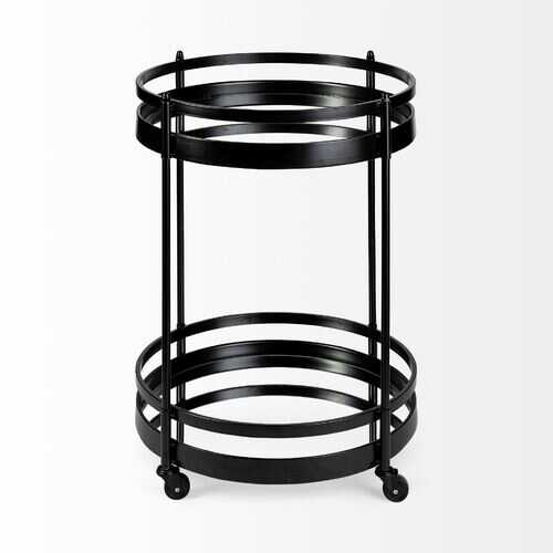 Cyclider Matte Black Metal With Three Eliptical Wood Shelves And Metal Doors Bar Cart