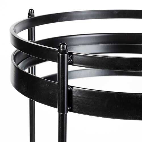 Cyclider Matte Black Metal With Three Eliptical Wood Shelves And Metal Doors Bar Cart