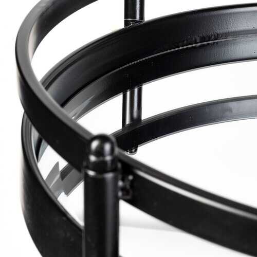 Cyclider Matte Black Metal With Three Eliptical Wood Shelves And Metal Doors Bar Cart