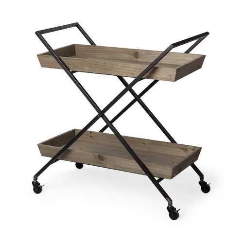 Rectangular Light Brown Wood With X Shape Metal Frame Bar Cart