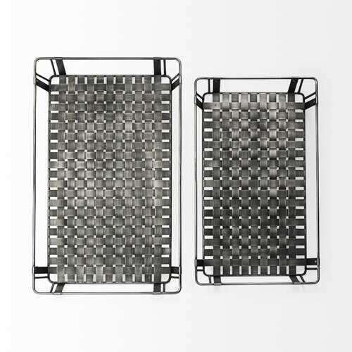 S/2 Grey Polish Metal With Woven Tottom And Open Sides Trays