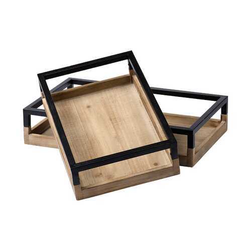 S/2 Natural Finish Wood With Matte Black Base Accent Trays