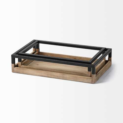 S/2 Natural Finish Wood With Matte Black Base Accent Trays