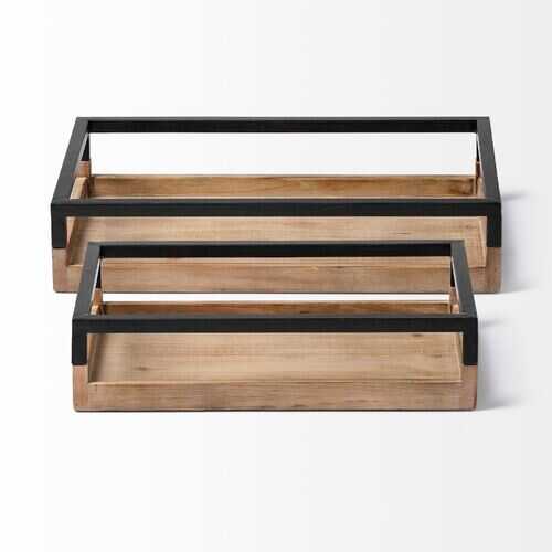 S/2 Natural Finish Wood With Matte Black Base Accent Trays