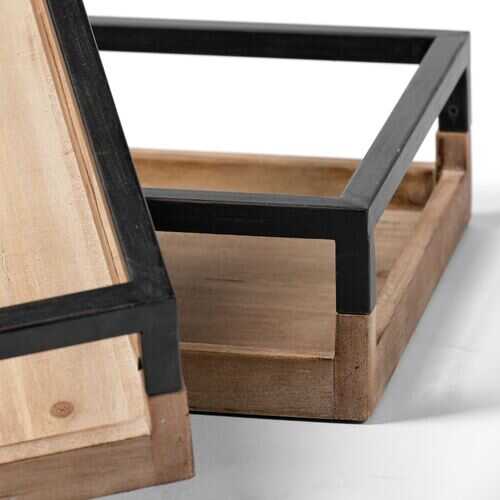 S/2 Natural Finish Wood With Matte Black Base Accent Trays
