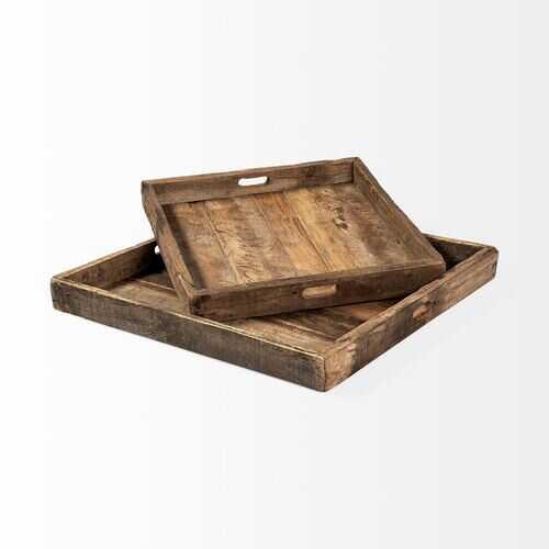 S/2 Natural Finish Wood With Slated Sides Trays