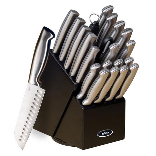 Oster Baldwyn 22 Piece Stainless Steel Cutlery Set with Stainless Steel Handles and Wooden Block