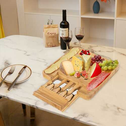 Bamboo Cheese Board & Knife Set  w/ Slide-out Drawer