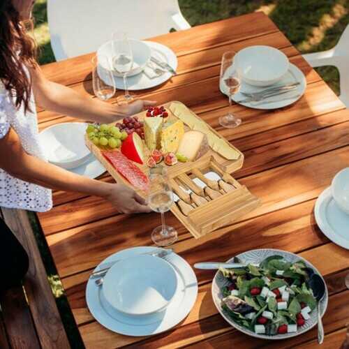 Bamboo Cheese Board & Knife Set  w/ Slide-out Drawer