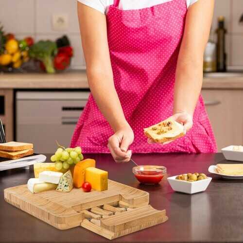 Bamboo Cheese Board & Knife Set  w/ Slide-out Drawer