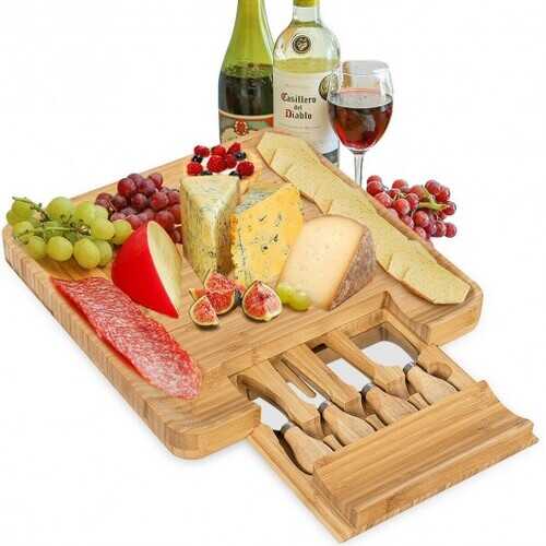 Bamboo Cheese Board & Knife Set  w/ Slide-out Drawer