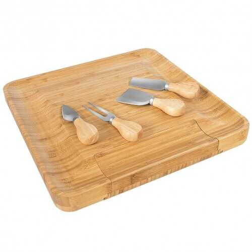 Bamboo Cheese Board & Knife Set  w/ Slide-out Drawer