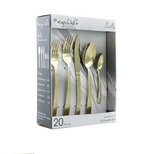 MegaChef Baily 20 Piece Flatware Utensil Set, Stainless Steel Silverware Metal Service for 4 in Light Gold